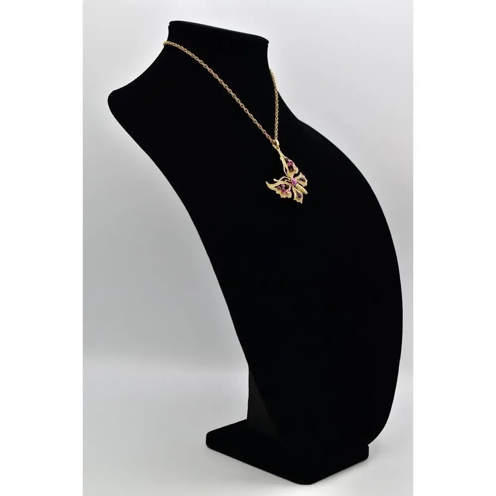 1928 Butterfly Pendant Necklace Purple Rhinestone Crystal Magenta Gold 90s BinBJ